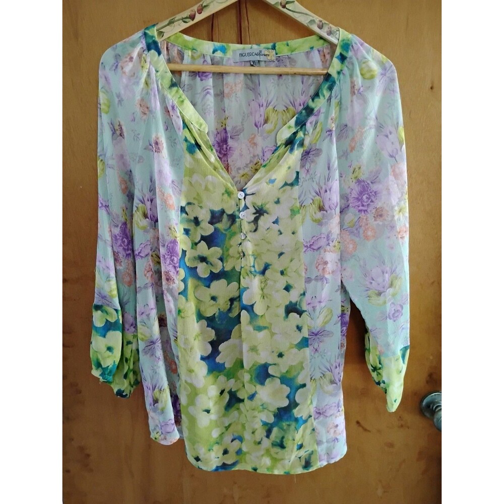 Figueroa And Flower V-neck Button Sheer Colorful Floral Hippie Boho Top Size XL
